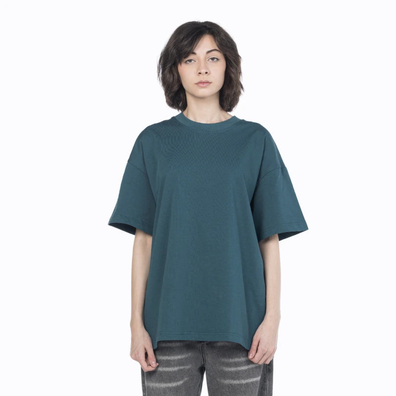 Female model wearing a vintage blue Giza Egyptian cotton oversized shirt